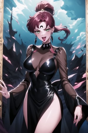 (best quality), (highly detailed), masterpiece, (official art), hmjupiter, green eyes, ponytail, brown hair, makeup, ((forehead mark, crescent facial mark, black crystal earrings)), aged up, evil smile, lips, lipstick, open mouth, anime coloring, ((black dress, long sleeves, pink see-through)), pink dress, side slit, A dark and mysterious female character inspired by the style of classic anime. She has an evil face with an evil smile, giving her an imposing and intimidating presence. The overall atmosphere is dark and mysterious, with a sense of power and control emanating from her posture.