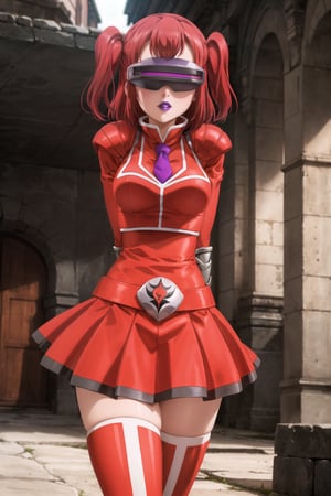 (best quality), (highly detailed), masterpiece, (official art),ruby kurosawa, two side up, red hair, medium hair, , mature_female, 1girl, solo, ((head-mounted display)), ((purple lips:1.2)), (team flare:1.2),  gloves,((armor, juliet_sleeves:1.2)), long_sleeves , pleated skirt,  necktie, red dress, belt, red dress, (pantyhose, red footwear1.2), (lips:1.2), ((arms at sides)),, cowboy shot, looking at viewer, indoors, blurry background,depth of field, best quality, masterpiece, intricate details, tonemapping, sharp focus, hyper detailed, trending on Artstation, 