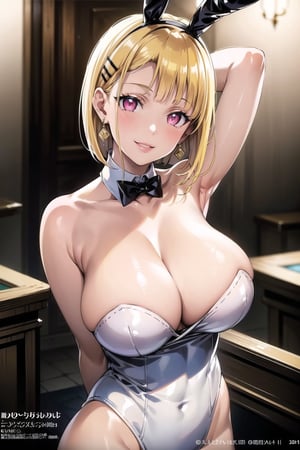 (best quality), (highly detailed), masterpiece, (official art), suguha, short hair, (blonde hair), bob cut, hairclip, hair ornament, blunt bangs, (lips), earrings, jewelery, smile, pose, pink eyes, ((bunny girl,playboy)), bunny_suit,leotardo, nektie, (intricately detailed, hyperdetailed), blurry background,depth of field, best quality, masterpiece, intricate details, tonemapping, sharp focus, hyper detailed, trending on Artstation,1 girl, solo,high res,official art
