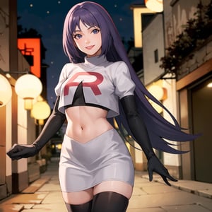 (best quality), (highly detailed), masterpiece, (official art),sumire kakei, posing, red lips, lips, smile, ((long hair)), Team Rocket, cropped jacket, white jacket, crop top, jacket, gloves, black gloves, elbow gloves, navel, midriff, white skirt, miniskirt, skirt, thighhighs,, looking at viewer, china, asiática, city, night, sky, (intricately detailed, hyperdetailed), blurry background,depth of field, best quality, masterpiece, intricate details, tonemapping, sharp focus, hyper detailed, trending on Artstation,1 girl, high res, official art
