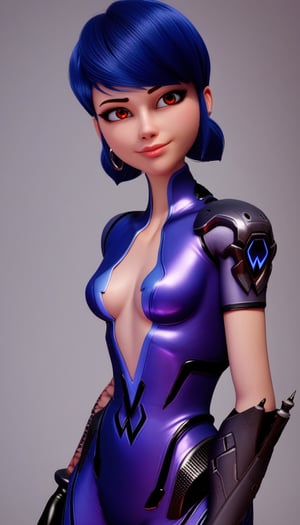 score_9, score_8_up, score_7_up,marinetteBug, blue hair, standing, lips ,standing, revealing chest,  black gloves,  advanced combat suit,  futuristic sniper,metallic purple suit, torso exposed,, black gloves, high-tech bodysuit,widowsuit, tattoo, arm tattoo, evil smile, red eyes, earrings