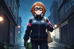 score_9, score_8_up, score_7_up, intricate details,1girl,  Ochako Uraraka, thief outfit, loose black jacket, cargo pants, wearing a domino mask, carrying a large money bag, exiting a bank vault, broken safe in the background, dark gloves, quick getaway, alarm lights flashing, dimly lit scene, red emergency lighting, cautious posture, money spilling from bag, night-time heist, dark alley, tense atmosphere,(ncursioDipDyedHair,red IncursioDipDyedHair