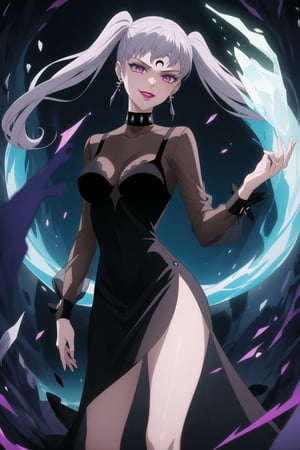 (best quality), (highly detailed), masterpiece, (official art), (noelle_silva,silver hair,twintails,bangs,jewelry), makeup, ((forehead mark, crescent facial mark, black crystal earrings)), aged up, evil smile, lips, lipstick, posing, anime coloring, ((black dress, long sleeves, see-through)), pink dress, side slit, A dark and mysterious female character inspired by the style of classic anime. She has an evil face with an evil smile, giving her an imposing and intimidating presence. The overall atmosphere is dark and mysterious, with a sense of power and control emanating from her posture.,