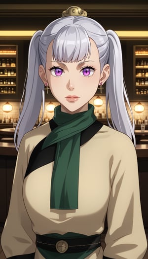 score_9, score_8_up, score_7_up,noelle silva, twintails, silver hair,bangs,purple eyes,cross earrings,  bar, indoors, table, chair,  long dress, green scarf, beige dress, joo dee, hair ornament, standing, lips ,standing, Modern luxury lounge with dim lighting, featuring sleek black leather sofas, glass tables, and soft ambient lighting from wall sconces. A large window in the background reveals a city skyline at night, adding a touch of sophistication to the scene,