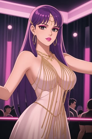 (best quality), (highly detailed), masterpiece, (official art),  ,(Saori,purple hair,long hair):1.2, lips:1.2, makeup:1.2, lipstick:1.2,  makeup, pink eyes, dancing:1.4, dance:1.2, dancer:1.3, posing, Earrings, gem earring:1.2,black_earrings, lips:1.2, black eyes:1.2, ,lips, cowboy shot, large breast, (/nightclub scene, neon lights)), , club, (nigth club), ,hd quality, perfect face ,realistic, realistic body , perfect face sync,night club,,marinette,night club,b1mb0,v3il:1.3, (forehead jewel gem):1.3