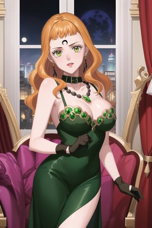 (best quality), (highly detailed), masterpiece, (official art),mimosa vermillion, orange hair, green eyes , makeup, ((black moon, forehead mark, crescent facial mark, black crystal earrings)), jewelry,  black sleeveless dress, high collar, large green gemstone necklace, gemstone, long black gloves, silver bracelet
, room, curtains, window