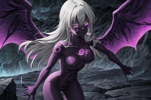 (tattoo,facial mark,aura,glowing,bodypaint,smoke,dark aura:1.2),1girl,long hair,medium breasts,black hair,angry,purple eyes,wings,claws,looking at viewer,nude,censored,armor,convenient censoring,Elizabeth, black hair, lips, ruler of hell, stands as a malevolent dictator, her long hair flowing like darkness itself, gradient from white to dark, framing her cold gaze. Her elaborate gown, adorned with sinister symbols and glowing red accents, reflects her dominance and cruelty. The background features a hellish landscape: rivers of lava, jagged rocks, tormented souls, and dark clouds with lightning. Eerie, red and black glows illuminate the scene, capturing the dark and oppressive atmosphere of her dominion.