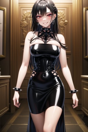 masterpiece,best quality,highres,ultra-detailed, asuna yuuki, long hair, black hair:1.3, red eyes,(dark makeup:1.5) (lips:1.1), (cross-laced clothes:1.3), narrow_waist:1.3, dominatrix:1.4 , (intricate Black dress:1.4), (walking,arms at sides:1.3), ,((smirk, grin, naughty face, seductive smile, smug)), (spiked bracelet), corset:1.4, (black hoop earring:1.3), curvaceous, voluptuous body, (latex:1.5), (black tube top:1.2), black choker, pencil skirt,  miniskirt, (black skirt),  black nails,large breasts:1.3,, (royal room:1.2),standing, StandingAtAttention,b1mb0,night club,lemon0021,,,RockOfSuccubus,asuna yuuki