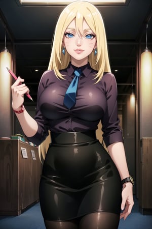 ((best quality)), ((highly detailed)), masterpiece, ((official art)),(boruko,facial mark:1.2),(office),( blue eyes, glowing blue eyes),(floating hair),(high-waist skirt:1.2),(black skirt:1.2),(black necktie:1.1),(seductive smile),(closed mouth),(lips:1.2),jewelry, wristwatch, skirt, solo, (cowboy shot:1.2),standing, pencil skirt,  belt, (earrings:1.1), collared shirt, ,office lady,(formal:1.1), shirt tucked in, (skirt suit),black pantyhose, dress shirt, intricately detailed, hyperdetailed, blurry background,depth of field, best quality, masterpiece, intricate details, tonemapping, sharp focus, hyper detailed, trending on Artstation,1 girl, high res, official art
