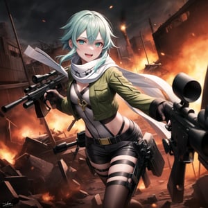 Highly detailed anime illustration of Sinon in the midst of a desolate battlefield, her blue hair whipping in the wind as she fires her sniper rifle with deadly precision. Her sharp aqua eyes, partially obscured by strands of hair, gleam with a twisted joy, and a sadistic smile spreads across her face, reflecting her dark pleasure in the chaos of combat.

sinon1 is dressed in her signature combat outfit: a green cropped jacket open at the front, revealing a white scarf that flutters as she moves. Her black shorts and fingerless gloves are practical for the fight, while her sniper rifle is held firmly, aimed with unwavering focus. The rifle's muzzle flashes brightly, illuminating the battlefield in sharp, cold light.

The surrounding environment is bleak and war-torn, with crumbling structures and a cloudy, dark sky overhead, adding to the tension and intensity of the scene. The ground is littered with debris, evidence of the ongoing conflict. Shadows and light play across her form, emphasizing her role as a hunter in this grim setting.

Despite the devastation around her, Sinon’s sadistic smile and the gleam in her eyes make it clear she relishes the battle, her laughter echoing amidst the destruction. Every shot she takes is precise, her enjoyment of the fight apparent in every detail of her expression and posture.

Key Details:

The sniper rifle is depicted in high detail, with visible muzzle flash and recoil captured mid-shot.
Sinon's expression is the focal point, her sadistic smile and bright, crazed eyes adding a layer of psychological depth.
The battlefield is grim, with dark, moody lighting that contrasts with the bright flashes of gunfire.
Her pose is dynamic, with the rifle held steady as she fires, her body language exuding confidence and delight in the violence.
The overall atmosphere is dark and intense, highlighting Sinon's enjoyment of the chaos and her role as a formidable sniper in the heat of battle.