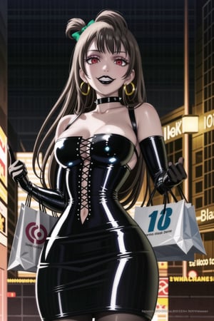 ((best quality)),  ((highly detailed)),  masterpiece,(Black lips:1.4), (white skin:1.4), ((official art)),  detailed face,  beautiful face, (cross-laced clothes:1.3), narrow_waist:1.3, dominatrix:1.4 , (intricate Black dress:1.4), (detailed eyes,  deep eyes),(science fiction, cyberpunk:1.3, street, shopping, pose:1.3, dancing:1.3),((smirk, grin, naughty face, seductive smile, smug)) ,cowboy shot,(lips), minami kotori, long hair,  bangs, hair bow, green bow, (red eyes:1.3),   (spiked bracelet), corset:1.4, (black hoop earring:1.3), curvaceous, voluptuous body, (makeup:1.5) (lips:1.3), (latex:1.3),  (black tube top:1.2), gloves,(elbow gloves:1.2), skirt, black choker, pencil skirt, pantyhose, miniskirt, (black skirt), black gloves, black legwear, black nails,large breasts:1.2, (intricately detailed, hyperdetailed), blurry background, depth of field, best quality, masterpiece, intricate details, tonemapping, sharp focus, hyper detailed, trending on Artstation, 1 girl, solo, high res, official art,RockOfSuccubus,,kotori minami,minami kotori,<lora:659111690174031528:1.0>