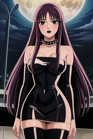 ((best quality)),  ((highly detailed)),  masterpiece,  ((official art)),(Saori Kido, Saori, long hair, black hair:1.3),((black eyes, empty eyes,expressionless,hypnosis)),(((white skin))) ,((makeup,lipstick, black lips:1.2)),absurdres, (spiked collar:1.2),  coyboy shot:1.3, thighhighs, lips,  blush,  (black latex:1.3),  black dress:1.2,  miniskirt  ((bodyconf)),  bare shoulders,  (( strapless)),  large breast,  looking at viewer,  street,  city,  nigth,  moon,  club,  (nigth club),  , hd quality,  perfect face , realistic,  realistic body,  perfect face sync,  , b1mb0,,,black lips