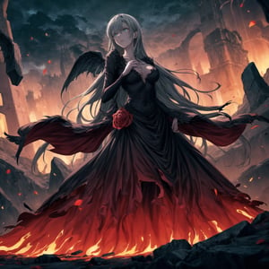  Elizabeth, black hair, lips, ruler of hell, stands as a malevolent dictator, her long hair flowing like darkness itself, gradient from white to dark, framing her cold gaze. Her elaborate gown, adorned with sinister symbols and glowing red accents, reflects her dominance and cruelty. The background features a hellish landscape: rivers of lava, jagged rocks, tormented souls, and dark clouds with lightning. Eerie, red and black glows illuminate the scene, capturing the dark and oppressive atmosphere of her dominion.

Anime illustration of Elizabeth, transformed into the corrupted ruler of Hell, sitting on a luxurious golden throne on a grand balcony. Her long hair flows from a gradient of white to black, symbolizing her descent into darkness, and her once green eyes now glow with a menacing red hue. She wears an elaborate black and red gown adorned with sinister symbols and glowing red accents, reflecting her dominance and cruelty.

Elizabeth's expression is cold and devoid of emotion as she holds a delicate porcelain teacup with her right hand, her left finger placed on her lips in a gesture of silence. Her gaze is fixed on the scene before her, a hellish landscape of a city engulfed in flames. Tall buildings and ancient architecture are crumbling and burning, casting an orange and red glow across the sky, creating a dramatic and chaotic atmosphere.

The balcony is decorated with large vases overflowing with vibrant red roses, some petals gently falling in the foreground, adding a touch of morbid beauty to the scene. The setting sun enhances the fiery ambiance, casting long shadows and illuminating the destruction.

On the table beside her, there are various elegant tea sets and a candlestick with lit candles, adding a warm light to the dark setting. Rivers of lava flow through the city, jagged rocks protrude from the ground, and tormented souls can be seen in the distance. Dark clouds swirl above with lightning illuminating the oppressive atmosphere of her dominion.