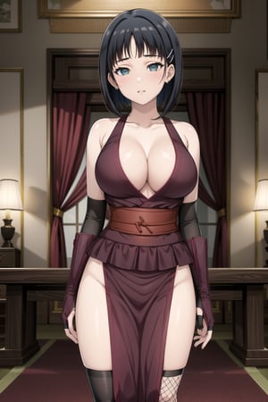 masterpiece,best quality,highres,ultra-detailed,suguha, short hair, black hair, bob cut, hairclip, hair ornament, blunt bangs,, empty eyes:1.3,  breasts,  solo, ninja, cleavage, thighhighs, pelvic curtain, gloves, fishnets, large breasts, japanese clothes,  bare shoulders, sash,  (indoors:1.2), (royal room:1.2), (latex), standing, StandingAtAttention,b1mb0,night club