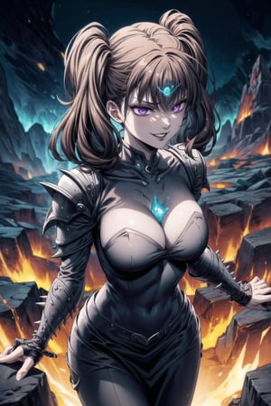 In a haunting anime illustration, Diane, once a personal minion and elite warrior, now serves as a succubus to Elizabeth, the ruler of hell. Diane's brown hair cascades in twintails with bangs, framing her face with an eerie glow emanating from her unnatural purple eyes. Her lips curve into a sinister smile, painted black like dark magic itself. Wearing a revealing, spiked armor adorned with infernal symbols, she exudes unwavering loyalty and cruelty, reflecting her complete devotion to Elizabeth's will. The hellish landscape behind her features rivers of lava, jagged rocks, and tormented souls, set against an eerie red and black glow that accentuates the dark atmosphere of their domain.