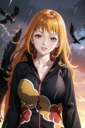 anime, hdr, soft light, ((best quality)), ((masterpiece)), (detailed), mimosa vermillion, wavy hair:1.2, red eyes, red earrings, red hair, orange hair, lips, makeup, head tilt, evil smile:1.2, (lips), (akatsuki outfit:1.2),high neck, high_collar, ((black dress)), collarbone, long sleeves, looking at viewer, upper body, dutch angle, village, (((crows))),sunset, rain, water drop, nature, ,akatsuki outfit, bird, crow, eagle, black feathers, bird on shoulder, sunset, orange sky, outdoors, upper body,fantasy00d,