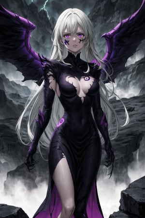 monochrome,greyscale,(tattoo,facial mark,aura,glowing,bodypaint,smoke,dark aura:1.2),1girl,long hair,medium breasts,black hair,angry,purple eyes,wings,claws,looking at viewer,nude,censored,armor,convenient censoring,Elizabeth, black hair, lips, ruler of hell, stands as a malevolent dictator, her long hair flowing like darkness itself, gradient from white to dark, framing her cold gaze. Her elaborate gown, adorned with sinister symbols and glowing red accents, reflects her dominance and cruelty. The background features a hellish landscape: rivers of lava, jagged rocks, tormented souls, and dark clouds with lightning. Eerie, red and black glows illuminate the scene, capturing the dark and oppressive atmosphere of her dominion.