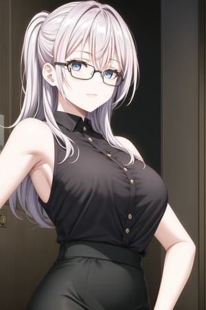 Here's a coherent SD prompt based on your input:

A close-up shot of Alya, grey hair framing her face as blue eyes gaze directly into the camera lens. She is wearing an elegant and professional outfit. She is wearing a sleeveless, high-necked blouse, all black, which is stylishly fitted to her figure. She is paired with a high-waisted pencil skirt with a black and white geometric pattern, which gives her a modern and sophisticated touch. She is also wearing dark-framed glasses that complement her office look. Her hair is up.