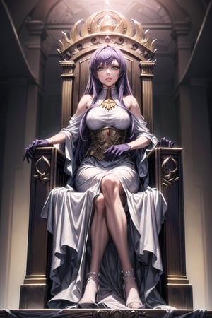 (best quality), (highly detailed), masterpiece, (official art), (sasha, purple hair, long hair, green eyes), lips, gloves, sitting, full body, female focus ,chair, formal, elegent Dress, glowing eyes, female guards standing on both sides of throne, long curly hair , throne, ,