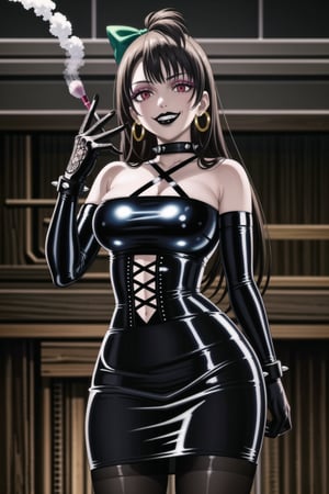 ((best quality)),  ((highly detailed)),  masterpiece,(Black lips:1.4), (white skin:1.4), ((official art)),  detailed face,  beautiful face, (cross-laced clothes:1.3), narrow_waist:1.3, dominatrix:1.4 , (intricate Black dress:1.4), (detailed eyes,  deep eyes),science fiction, cyberpunk:1.3, street,  pose:1.3, smoke:1.3, holding cigarette:1.3, smoking:1.2,((smirk, grin, naughty face, seductive smile, smug)) ,cowboy shot,(lips), minami kotori, long hair,  bangs, hair bow, green bow, (red eyes:1.3),   (spiked bracelet), corset:1.4, (black hoop earring:1.3), curvaceous, voluptuous body, (makeup:1.5) (lips:1.3), (latex:1.3),  (black tube top:1.2), gloves,(elbow gloves:1.2), skirt, black choker, pencil skirt, pantyhose, miniskirt, (black skirt), black gloves, black legwear, black nails,large breasts:1.2, (intricately detailed, hyperdetailed), blurry background, depth of field, best quality, masterpiece, intricate details, tonemapping, sharp focus, hyper detailed, trending on Artstation, 1 girl, solo, high res, official art,<lora:659111690174031528:1.0>