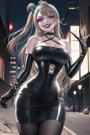 ((best quality)),  ((highly detailed)),  masterpiece,(Black lips:1.4), (white skin:1.4), ((official art)),  detailed face,  beautiful face, (cross-laced clothes:1.3), narrow_waist:1.3, dominatrix:1.4 , (intricate Black dress:1.4), (detailed eyes,  deep eyes),science fiction, cyberpunk:1.3, street,  pose:1.3, smoke:1.3, holding cigarette:1.3, smoking:1.2,((smirk, grin, naughty face, seductive smile, smug)) ,cowboy shot,(lips), minami kotori, long hair,  bangs, hair bow, green bow, (red eyes:1.3),   (spiked bracelet), corset:1.4, (black hoop earring:1.3), curvaceous, voluptuous body, (makeup:1.5) (lips:1.3), (latex:1.3),  (black tube top:1.2), gloves,(elbow gloves:1.2), skirt, black choker, pencil skirt, pantyhose, miniskirt, (black skirt), black gloves, black legwear, black nails,large breasts:1.2, (intricately detailed, hyperdetailed), blurry background, depth of field, best quality, masterpiece, intricate details, tonemapping, sharp focus, hyper detailed, trending on Artstation, 1 girl, solo, high res, official art