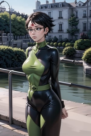 ((best quality)),  ((highly detailed)),  masterpiece,  ((official art)),  sarada, black eyes, glasses, collar, earrings, jewelery, (microchip), cyberpunk, paris, ruin, water drop, (shegosuit) , (expressionless:1.2), (arms behind back:1.2) , scenery, intricately detailed,  hyperdetailed,  blurry background, depth of field,  best quality,  masterpiece,  intricate details,  tonemapping,  sharp focus,  hyper detailed,  trending on Artstation, 1 girl,  high res,  official art,empty eyes