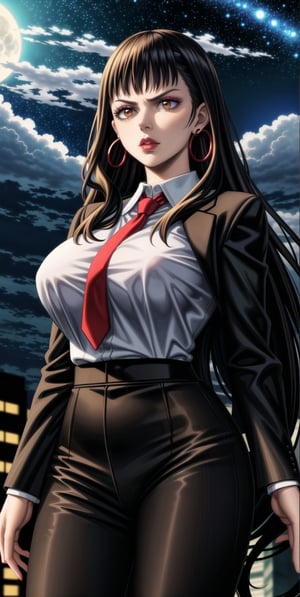 mimosa vermillion, ((black hair)), ((long hair)),  (((hoop earrings, makeup, lips))), ((large breast)) ,(((narrow_waist))), ((((black suit, black pants)))), white shirt, red necktie, 1girl, earrings, jewelry, night, solo, outdoors, city, star \(sky\), ((red necktie:1.2)), moon, night sky, red eyes, starry sky, sky, shirt, moonlight, formal, standing, full moon, suit, cowboy shot, day,  pants, blue sky,((((black business suit)))), standing,sexy lawyer,(glaring:1.2),glistening skin, (black suit:1.5),  ,<lora:659111690174031528:1.0>