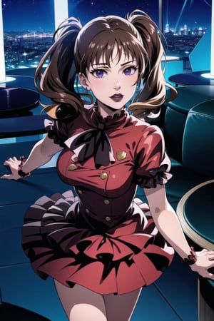 (best quality), (highly detailed), masterpiece, (official art),  diane,twintails, brown hair ,purple eyes, solo,  lips:1.2, black lips:1.4, lipstick:1.2, beautiful 1girl wearing a earthy red (idol dress) ,layered skirt, frills, ribbon, bow, sequins, looking at viewer, (/nightclub scene, neon lights), , club, (nigth club), ,hd quality, perfect face ,realistic, realistic body , perfect face sync,night club,StandingAtAttention,marinette,night club,b1mb0,