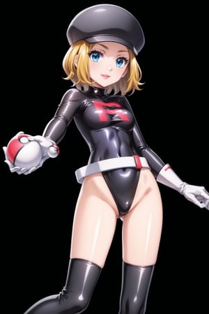 ((best quality)),  ((highly detailed)),  masterpiece,  ((official art)),  ((serena)), 1girl, solo, orange hair, blue eyes, blonde hair, short hair, bangs, poke ball, poke ball (basic), holding poke ball, black headwear, cabbie hat, hat, posing, lips, ( evil smile), ,Grunt Team Rocket, dress, black dress, (leotard:1.3), (latex), long sleeves, gloves, elbow gloves, belt, grey belt, thighhighs, 1girl,simple background,smile,(sea background), posing,