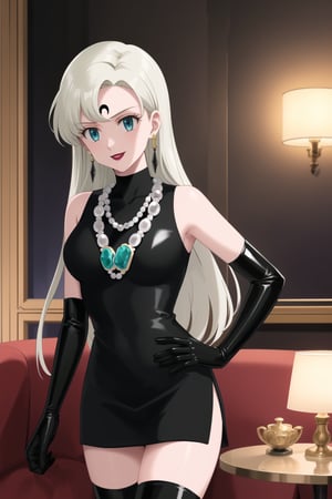 (best quality), (highly detailed), masterpiece, (official art),elizabeth, long hair, blue eyes, white hair, blunt bangs, single earring,, lips, smile, lipstick, makeup, evil smile,
((Forehead mark, crescent facial mark, black crystal earrings, jewelry)).  Dark  dress, black latex, black sleeveless dress, turtleneck_dress, short dress, elbow gloves, green gloves, thighhighs, large necklace, ((gemstone necklace:1.2)), standing,
Modern luxury lounge with dim lighting, featuring sleek black leather sofas, glass tables, and soft ambient lighting from wall sconces. A large window in the background reveals a city skyline at night, adding a touch of sophistication to the scene