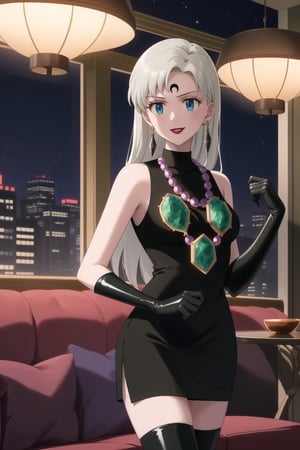 (best quality), (highly detailed), masterpiece, (official art),elizabeth, long hair, blue eyes, white hair, blunt bangs, single earring,, lips, smile, lipstick, makeup, evil smile,
((Forehead mark, crescent facial mark, black crystal earrings, jewelry)).  Dark  dress, black latex, black sleeveless dress, turtleneck_dress, short dress, elbow gloves, green gloves, thighhighs, large necklace, ((gemstone necklace:1.2)), standing,
Modern luxury lounge with dim lighting, featuring sleek black leather sofas, glass tables, and soft ambient lighting from wall sconces. A large window in the background reveals a city skyline at night, adding a touch of sophistication to the scene