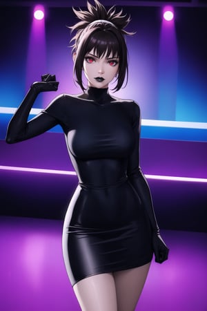 (best quality), (highly detailed), masterpiece, (official art),  kohaku, black hair:1.2, red eyes, hair ornament, ponytail, solo,  lips:1.2, black lips:1.4, lipstick:1.2, skirt, black turtleneck shirt, black shirt, latex:1.2, gloves, pencil_skirt, shirt, black gloves, standing, looking at viewer, breasts, black skirt, looking at viewer, (/nightclub scene, neon lights), , club, (nigth club), ,hd quality, perfect face ,realistic, realistic body , perfect face sync,night club,StandingAtAttention,marinette,night club,b1mb0, 