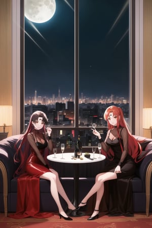 (best quality), (highly detailed), masterpiece, (official art),asuna yuuki, long hair, orange hair, red hair, brown eyes, looking at viewer,  dress, jewelry, see-through, facial mark, moon,  aged up, forehead mark, crescent facial mark, crystal earrings,  sitting
Modern luxury lounge with dim lighting, featuring sleek black leather sofas, glass tables, and soft ambient lighting from wall sconces. A large window in the background reveals a city skyline at night, adding a touch of sophistication to the scene,