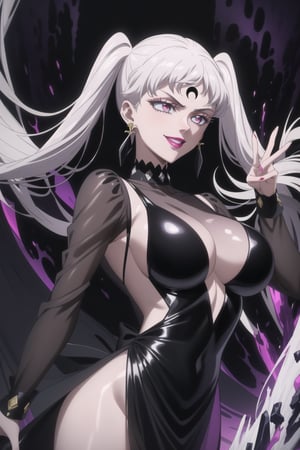 (best quality), (highly detailed), masterpiece, (official art), (noelle_silva,silver hair,twintails,bangs,jewelry), makeup, ((forehead mark, crescent facial mark, black crystal earrings)), aged up, evil smile, lips, lipstick, posing, anime coloring, ((black dress, long sleeves, see-through)), pink dress, side slit, A dark and mysterious female character inspired by the style of classic anime. She has an evil face with an evil smile, giving her an imposing and intimidating presence. The overall atmosphere is dark and mysterious, with a sense of power and control emanating from her posture.,