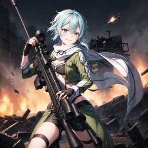 Highly detailed anime illustration of Sinon in the midst of a desolate battlefield, her blue hair whipping in the wind as she fires her sniper rifle with deadly precision. Her sharp aqua eyes, partially obscured by strands of hair, gleam with a twisted joy, and a sadistic smile spreads across her face, reflecting her dark pleasure in the chaos of combat.

sinon1 is dressed in her signature combat outfit: a green cropped jacket open at the front, revealing a white scarf that flutters as she moves. Her black shorts and fingerless gloves are practical for the fight, while her sniper rifle is held firmly, aimed with unwavering focus. The rifle's muzzle flashes brightly, illuminating the battlefield in sharp, cold light.

The surrounding environment is bleak and war-torn, with crumbling structures and a cloudy, dark sky overhead, adding to the tension and intensity of the scene. The ground is littered with debris, evidence of the ongoing conflict. Shadows and light play across her form, emphasizing her role as a hunter in this grim setting.

Despite the devastation around her, Sinon’s sadistic smile and the gleam in her eyes make it clear she relishes the battle, her laughter echoing amidst the destruction. Every shot she takes is precise, her enjoyment of the fight apparent in every detail of her expression and posture.

Key Details:

The sniper rifle is depicted in high detail, with visible muzzle flash and recoil captured mid-shot.
Sinon's expression is the focal point, her sadistic smile and bright, crazed eyes adding a layer of psychological depth.
The battlefield is grim, with dark, moody lighting that contrasts with the bright flashes of gunfire.
Her pose is dynamic, with the rifle held steady as she fires, her body language exuding confidence and delight in the violence.
The overall atmosphere is dark and intense, highlighting Sinon's enjoyment of the chaos and her role as a formidable sniper in the heat of battle.