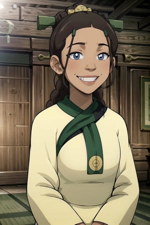 (best quality), (highly detailed), masterpiece, (official art), katara, toned, dark skin, braid, jewelry, j, joo dee, (hair ornament:1.2), grin, lips , arms to sides, blurry background, depth of field, best quality, masterpiece, intricate details, tonemapping, sharp focus, hyper detailed, trending on Artstation, 1 girl, solo, high res, official art,noelle_silva,Detailedface