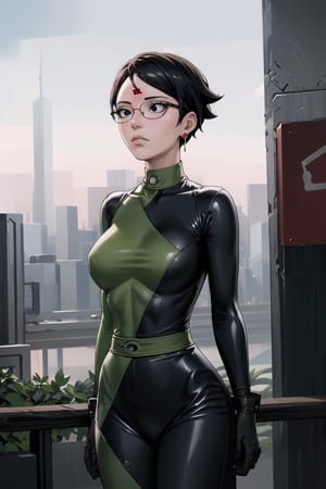 ((best quality)),  ((highly detailed)),  masterpiece,  ((official art)),  sarada, black eyes, glasses, collar, earrings, jewelery, (microchip), cyberpunk, paris, ruin, water drop, (shegosuit) , (expressionless:1.2), (arms behind back:1.2) , scenery, intricately detailed,  hyperdetailed,  blurry background, depth of field,  best quality,  masterpiece,  intricate details,  tonemapping,  sharp focus,  hyper detailed,  trending on Artstation, 1 girl,  high res,  official art,empty eyes