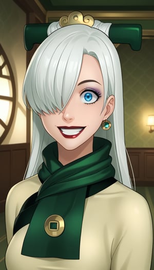 score_9, score_8_up, score_7_up, intricate details,1girl, elizabeth, long hair, white hair,hair over one eye, blue eyes, red lips, indoors,joo dee, dress, scarf, hair ornament, grin, smile, lips, joo dee,  full body,long dress, green scarf, beige dress, teeth,makeup,wide-eyes, eyeshadow,