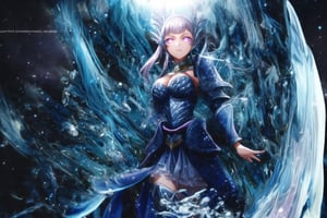 GFX wallpaper featuring Noelle Silva as a Valkyrie, with twintailed silver hair and shimmering water armor that appears both solid and liquid. The scene is illuminated by a radiant sword in her hand, casting light across the battlefield. Her wings, crafted from water, sparkle as if catching the light of a distant sun, and her purple eyes glow intensely. Water splashes around her armor, and energy beams shoot through the background. Her armored dress is detailed with intricate runes and silver accents, all glimmering as if imbued with magic. The background shows crashing waves, with water particles frozen mid-air, glowing in vibrant blue, violet, and white hues., glowing eyes