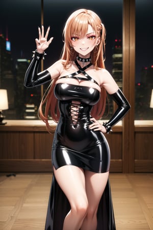 masterpiece,best quality,highres,ultra-detailed, asuna yuuki, long hair, orange hair, red hair, brown eyes,(dark makeup:1.5) (lips:1.1), (cross-laced clothes:1.3), narrow_waist:1.3, dominatrix:1.4 , (intricate Black dress:1.4), (pose:1.3), ,((smirk, grin, naughty face, seductive smile, smug)), (spiked bracelet), corset:1.4, (black hoop earring:1.3), curvaceous, voluptuous body, (latex:1.5), (black tube top:1.2), black choker, pencil skirt,  miniskirt, (black skirt),  black nails,large breasts:1.3,, (royal room:1.2),standing, StandingAtAttention,b1mb0,night club,lemon0021,,,RockOfSuccubus,asuna yuuki