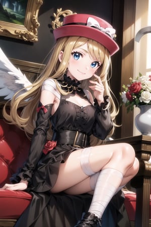 ((best quality)),  ((highly detailed)),  masterpiece,  ((official art)),  aaserena, solo, long hair, eyewear on headwear, pink headwear, eyelashes, blue eyes,,  Fallen Angel,  chess, black ornate crown, Angel of Darkness, frilled dress, black dress, lace-up dress, lolita fashion, smirk, looking at viewer, portrait, purple roses, vintage, gothic, bandages on legs, bandages, long sleeves, wide sleeves, frilled sleeves