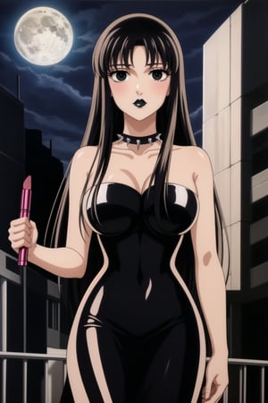 ((best quality)),  ((highly detailed)),  masterpiece,  ((official art)),(Saori Kido, Saori, long hair, black hair:1.3),((black eyes, empty eyes,expressionless,hypnosis)),(((white skin))) ,((makeup,lipstick, black lips:1.2)),absurdres, (spiked collar:1.2),  coyboy shot:1.3, thighhighs, lips,  blush,  (black latex:1.3),  black dress:1.2,  miniskirt  ((bodyconf)),  bare shoulders,  (( strapless)),  large breast,  looking at viewer,  street,  city,  nigth,  moon,  club,  (nigth club),  , hd quality,  perfect face , realistic,  realistic body,  perfect face sync,  , b1mb0,,,black lips