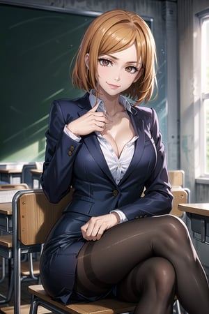 ((best quality)), ((highly detailed)), masterpiece, ((official art)),nobara kugisaki, orange hair, brown hair, brown eyes, breasts, looking at viewer, smile, skirt, large breasts, shirt, long sleeves, cleavage, sitting, collarbone, (jacket), white shirt, pantyhose, indoors, english text, formal, crossed legs, (suit), desk, pencil skirt, classroom, chalkboard, on desk, teacher, skirt suit, sitting on desk, intricately detailed, hyperdetailed, blurry background,depth of field, best quality, masterpiece, intricate details, tonemapping, sharp focus, hyper detailed, trending on Artstation,1 girl, high res, official art,beautiful detailed eyes,