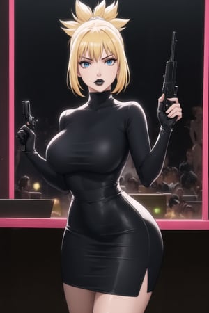 (best quality), (highly detailed), masterpiece, (official art),  kohaku, blonde hair, blue eyes, hair ornament, ponytail, solo,  lips:1.2, black lips:1.4, lipstick:1.2, skirt, black turtleneck shirt, black shirt, latex:1.2, gloves, pencil_skirt, shirt, black gloves, standing, looking at viewer, breasts, black skirt, looking at viewer, (/nightclub scene, neon lights), , club, (nigth club), ,hd quality, perfect face ,realistic, realistic body , perfect face sync,night club,StandingAtAttention,marinette,night club,b1mb0, gun, weapon, holding gun, handgun, holding, pistol, gun, handgun, pistol, holding weapon,  trigger discipline,