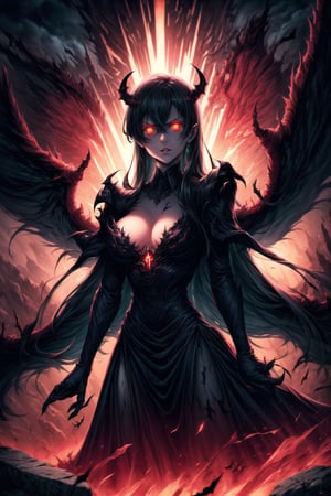 Elizabeth, black hair, lips, ruler of hell, black wings,darkness wings,wings,demon wings,stands as a malevolent dictator, her long hair flowing like darkness itself, gradient from white to dark, framing her cold gaze. Her elaborate gown, adorned with sinister symbols and glowing red accents, reflects her dominance and cruelty. The background features a hellish landscape: rivers of lava, jagged rocks, tormented souls, and dark clouds with lightning. Eerie, red and black glows illuminate the scene, capturing the dark and oppressive atmosphere of her dominion.