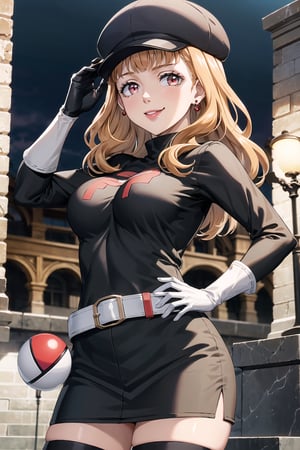 (best quality), (highly detailed), masterpiece, (official art), mimosa vermillion, Orange hair,red eyes, red earrings, poke ball, poke ball (basic), holding poke ball, black headwear, cabbie hat, hat, posing, lips, ( evil smile), ,Grunt Team Rocket, dress, black dress, long sleeves, gloves, elbow gloves, belt, grey belt, skirt, thighhighs, looking at viewer, china, asiática, city, night, sky, (intricately detailed, hyperdetailed), blurry background,depth of field, best quality, masterpiece, intricate details, tonemapping, sharp focus, hyper detailed, trending on Artstation,1 girl, high res, official art,