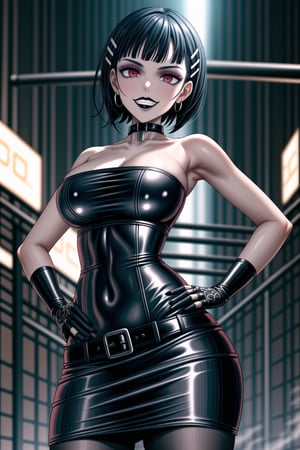 ((best quality)),  ((highly detailed)),  masterpiece,(Black lips:1.4),  ((official art)),  detailed face,  beautiful face, narrow_waist:1.3 , (intricate Black dress:1.4),(detailed eyes,  deep eyes),(science fiction, cyberpunk:1.3, street, shopping, dark background),((smirk, grin, naughty face, seductive smile, smug, arm behind head, hand_on_own_hip, head_tilt)),, ,cowboy shot,(lips), ,kirigaya suguha, blunt bangs, short bangs, black hair:1.3, short hair, hair ornament, hairclip,(red eyes),  cross-laced clothes, (spiked bracelet), corset:1.4,chinese dress:1.2, hoop earring, curvaceous, voluptuous body, (makeup:1.3) (lips:1.3), (latex),  (black tube top:1.2), gloves, fingerless gloves, skirt, black choker, belt, pencil skirt, pantyhose, miniskirt, (black skirt), black gloves, black legwear, black choker, Black nails,large breasts, conspicuous elegance, snobby, upper class elitist, possesses an arroaant charm. her Dresence commands attention and enw, (intricately detailed, hyperdetailed), blurry background, depth of field, best quality, masterpiece, intricate details, tonemapping, sharp focus, hyper detailed, trending on Artstation, 1 girl, solo, high res, official art,RockOfSuccubus,<lora:659111690174031528:1.0>