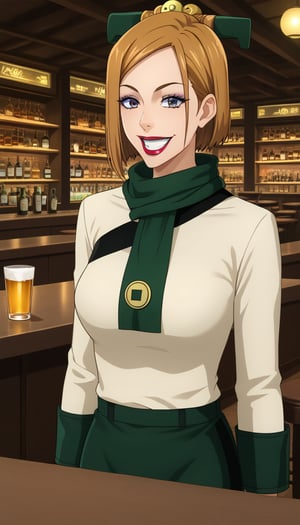 score_9, score_8_up, score_7_up, intricate details,1girl,  closed mouth, lips joo dee, scarf, hair ornament:1.3, holding tray:1.2, tray, alcohol, dutch angle, bar, cowboy shot:1.2, bar, table, customers, kugisaki nobara, brown hair,smile, open mouth, grin, makeup, lipstick, eyeshadow, hair ornament