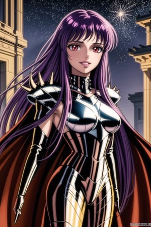 (best quality), (highly detailed), masterpiece, (official art), Saori, long hair, ((purple hair)), ((red eyes)), lips, (( evil smile)),((( black cape, nigth))),  ((latex, black armor, bodysuit, shoulder armor, spikes, pauldrons, black bodysuit )), outdoors, temple, (intricately detailed, hyperdetailed), blurry background,depth of field, best quality, masterpiece, intricate details, tonemapping, sharp focus, hyper detailed, trending on Artstation,1 girl, solo,high res,official art,<lora:659111690174031528:1.0>