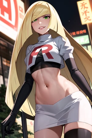 (best quality), (highly detailed), masterpiece, (official art),  ,pokemonlusamine, blonde hair, (green eyes:1.5), hair over one eye, long hair, multicolored hair, streaked hair, very long hair, posing, lips, evil smile, smug, naughty_face ,Team Rocket, cropped jacket, white jacket, crop top, jacket, gloves, black gloves, elbow gloves, navel, midriff, white skirt, miniskirt, skirt, thighhighs,, looking at viewer, china, asiática, city, night, sky, (intricately detailed, hyperdetailed), blurry background,depth of field, best quality, masterpiece, intricate details, tonemapping, sharp focus, hyper detailed, trending on Artstation,1 girl, high res, official art 